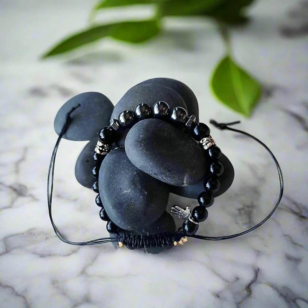 Men's Hematite & Black Tourmaline Gemstone Bracelet with Silver-Tone Spacers – Adjustable