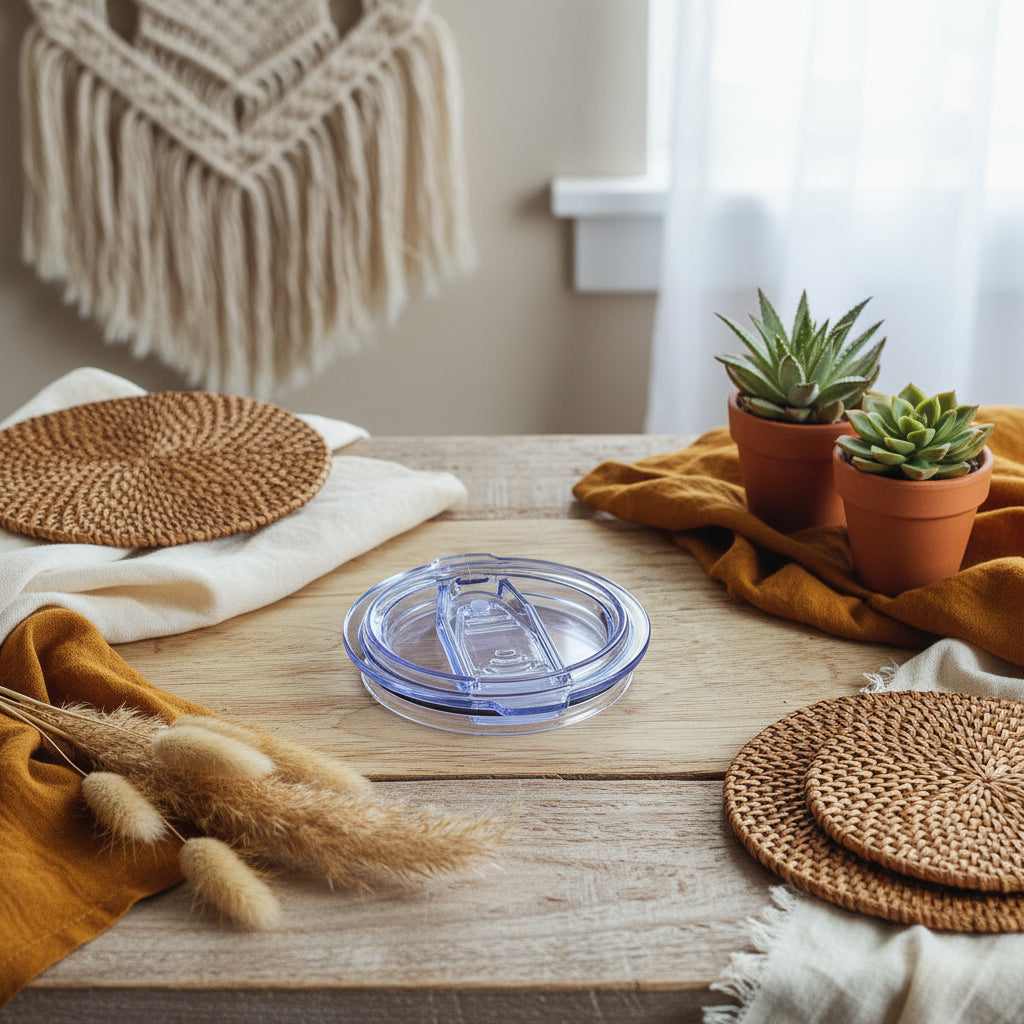Clear plastic lid on a wooden surface