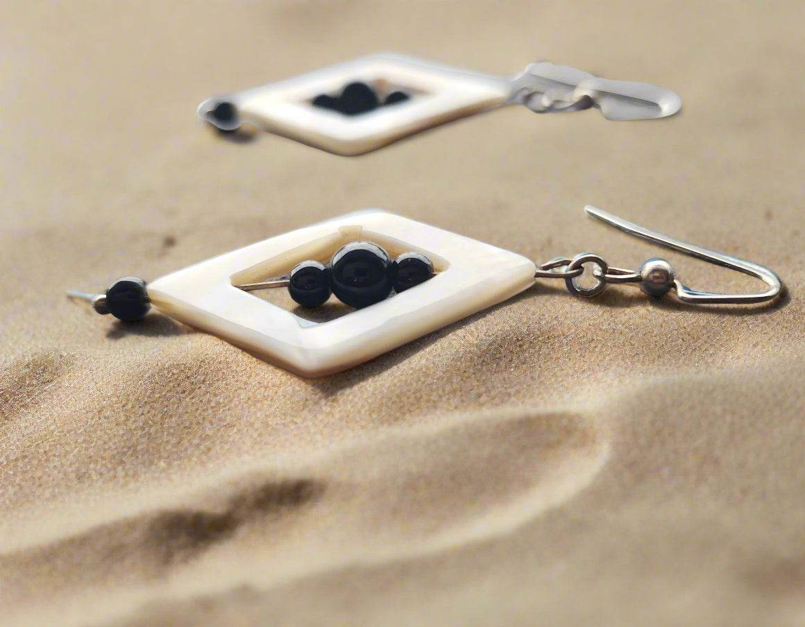 Handmade Mother of Pearl Diamond-Shaped Earrings with Jasper Beads