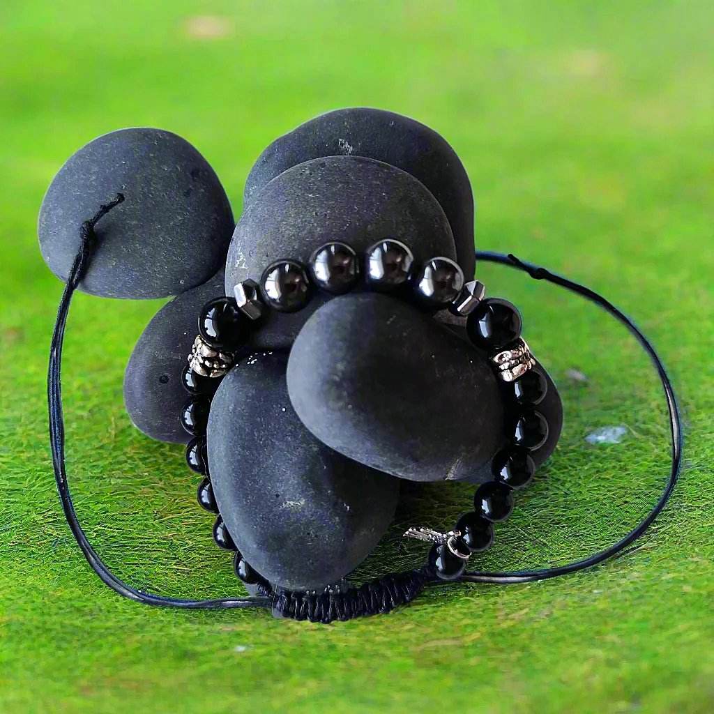 Men's Hematite & Black Tourmaline Gemstone Bracelet with Silver-Tone Spacers – Adjustable