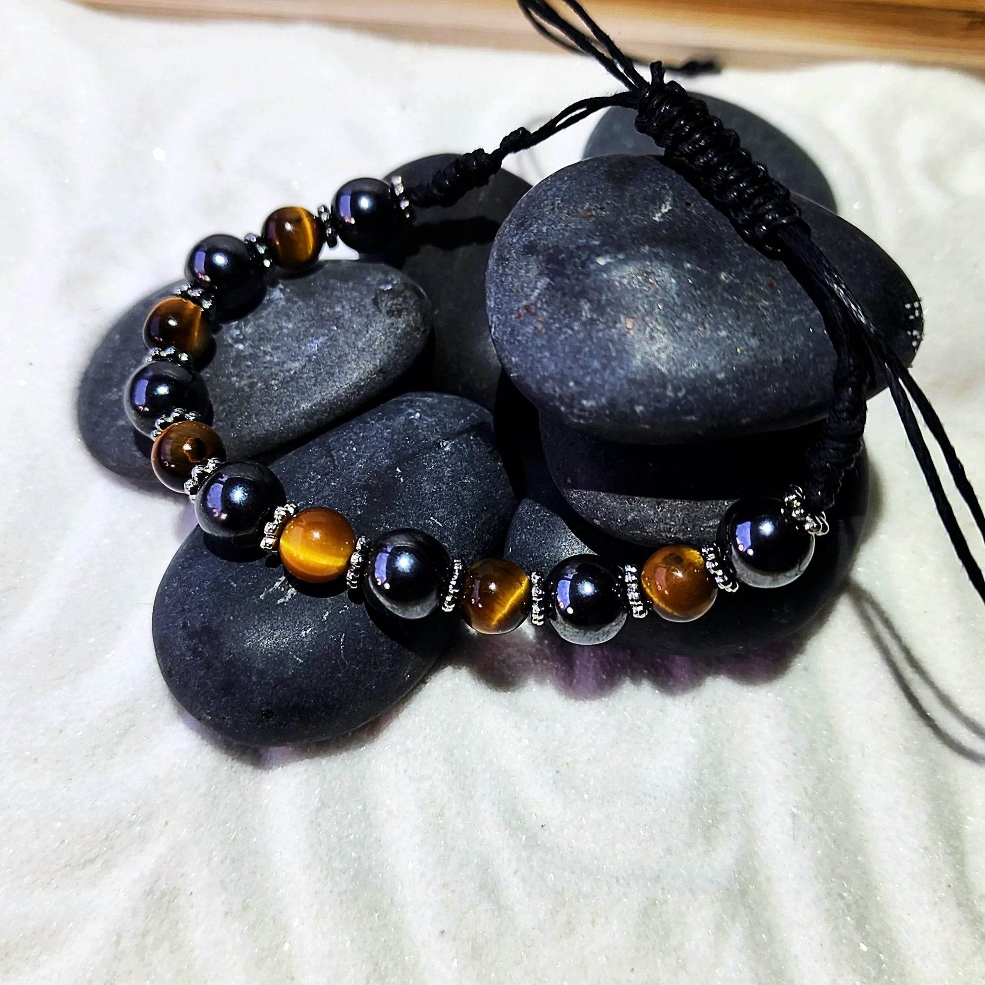 Men's Tiger's Eye & Hematite Drawstring Bracelet – 8mm/9mm Beads - adjustable