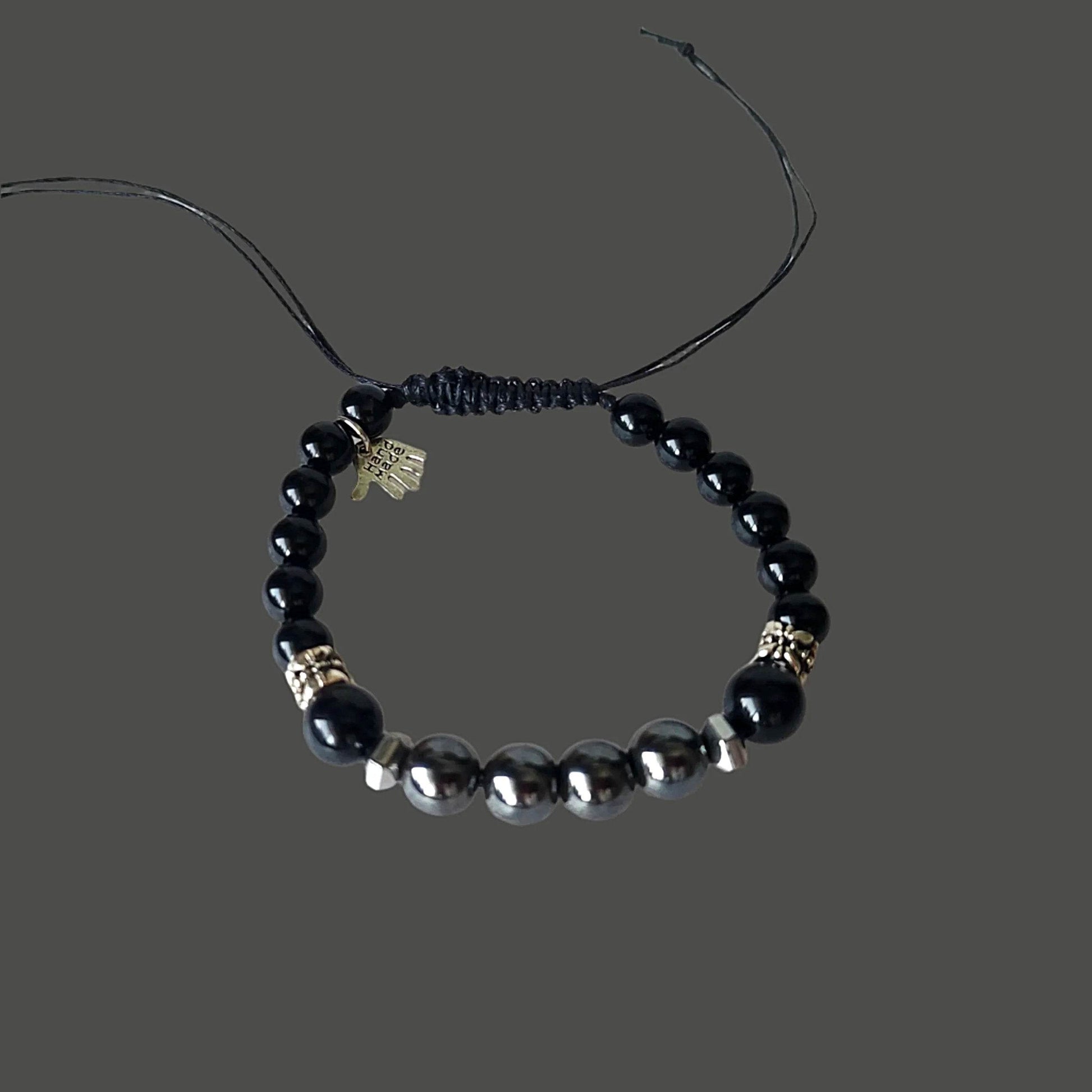 Men's Hematite & Black Tourmaline Gemstone Bracelet with Silver-Tone Spacers – Adjustable