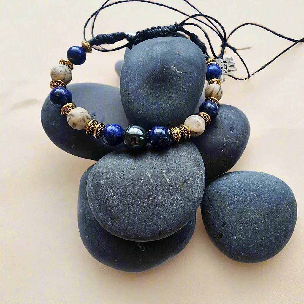Men’s Lapis, Feldspar & Hematite Drawstring Bracelet – Gold Spacer Accents