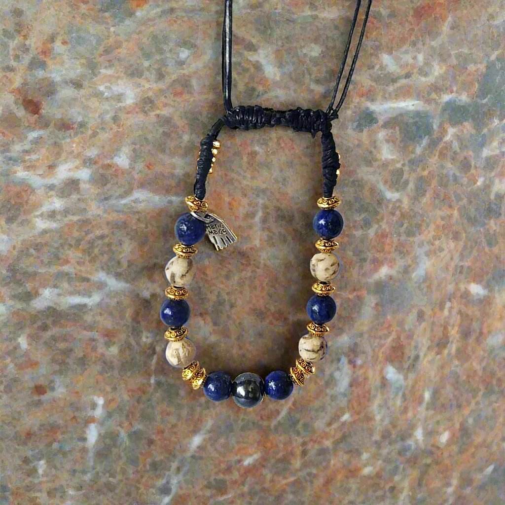 Men’s Lapis, Feldspar & Hematite Drawstring Bracelet – Gold Spacer Accents