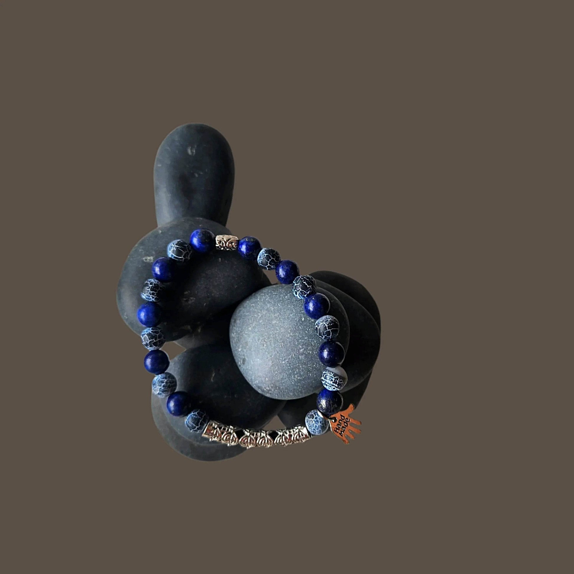 Men’s Gemstone Bracelet – Black Crackled Jasper & Lapis Lazuli with Silver-Tone Center