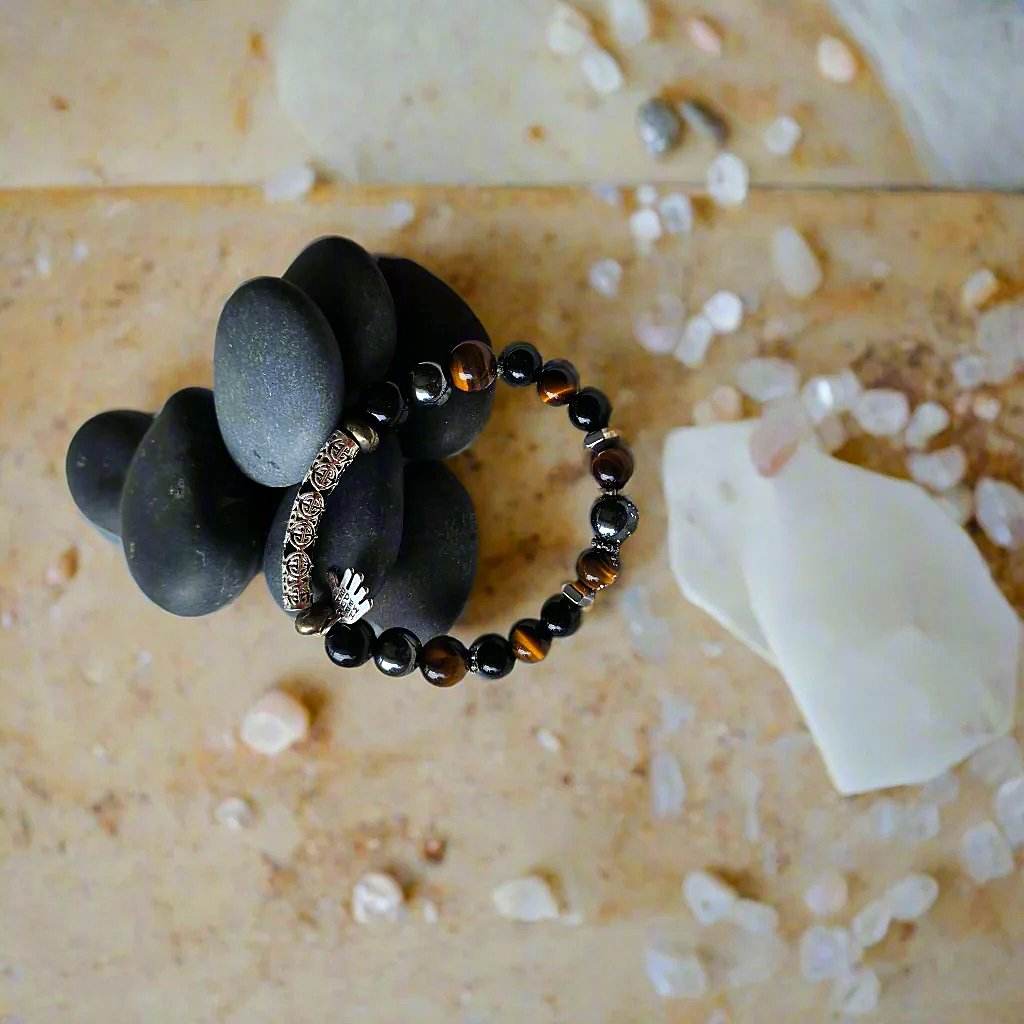 Men’s Gemstone Bracelet – Tiger’s Eye, Hematite & Black Onyx | Handmade Spiritual Healing Jewelry