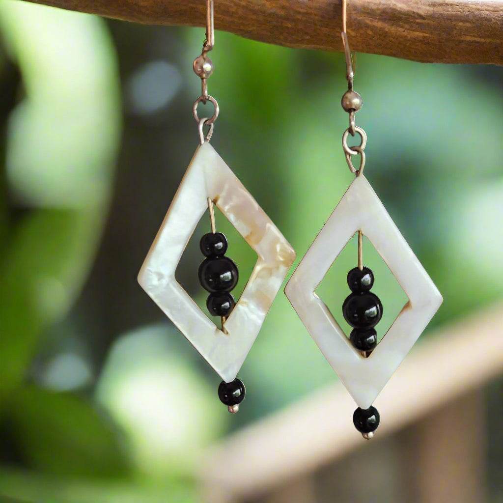Handmade Mother of Pearl Diamond-Shaped Earrings with Jasper Beads