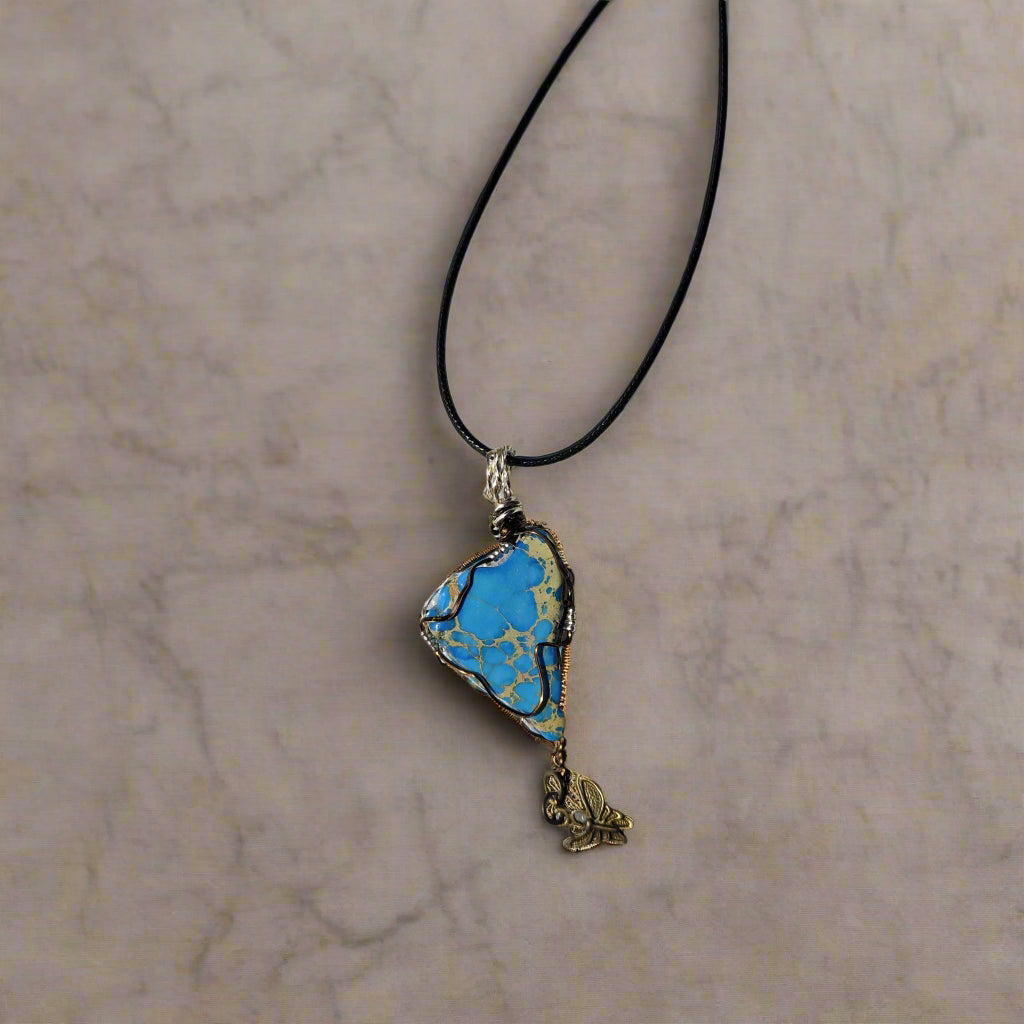 Handmade Sea Sediment Jasper Pendant Necklace with Butterfly Charm