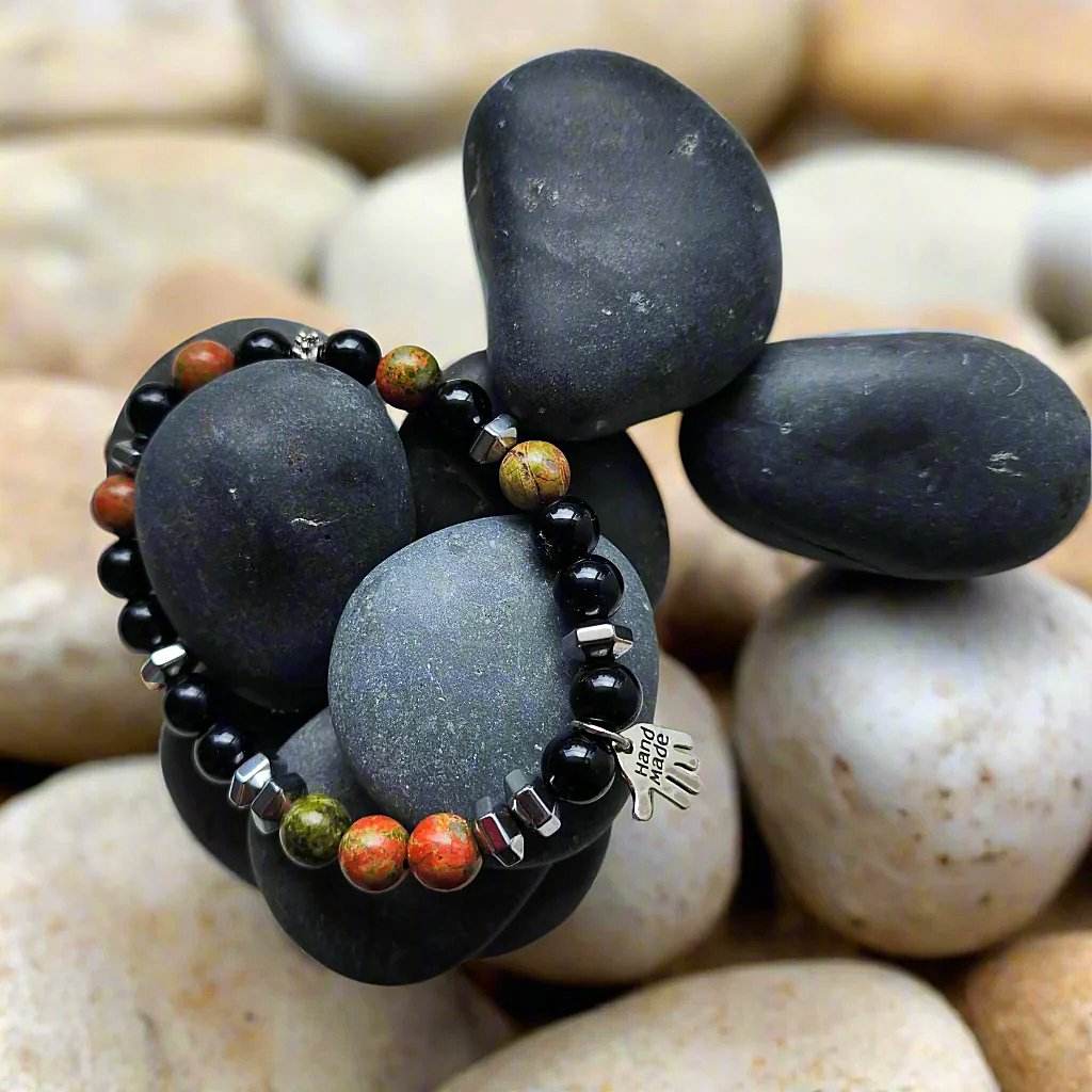 Unakite & Black Onyx Men’s Bracelet – Grounding & Balance | Handmade Boho Crystal Jewelry