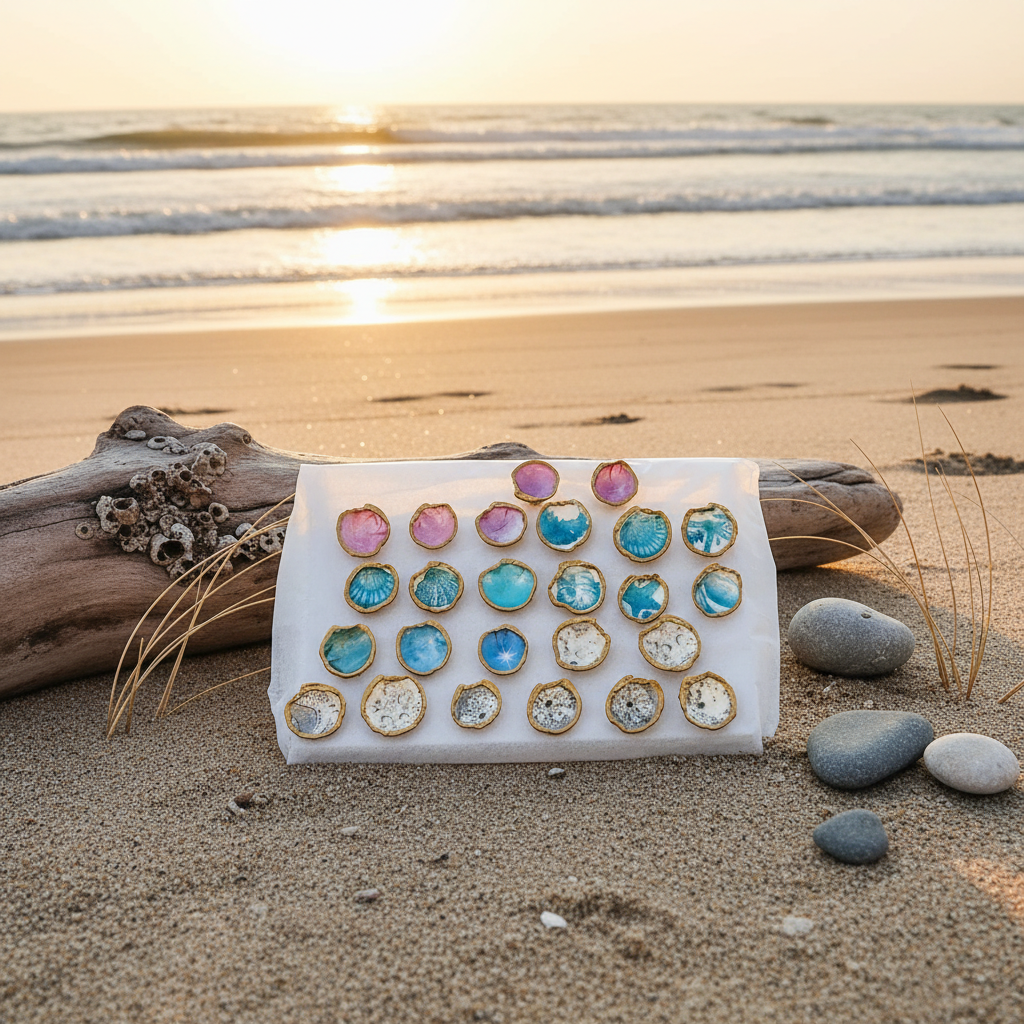 Handmade seashell fridge magnets collection on beach at sunset, gold-edged Lucina shells in pink, blue, and white decoupage patterns on driftwood with sand and stones