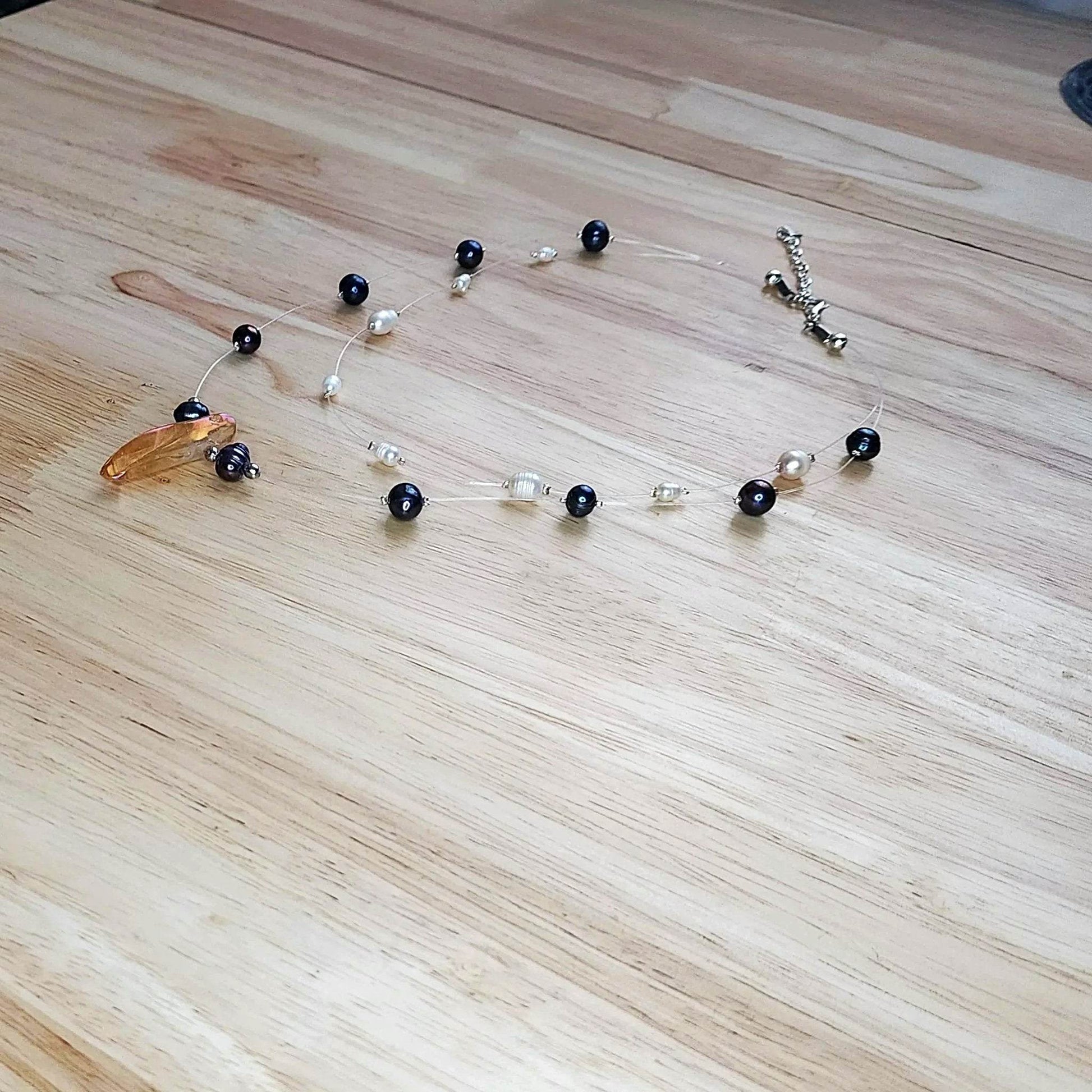 Layered Pearl Necklace - Freshwater Pearls & Amber Quartz Crystal Statement Piece β¨- Handmade Boho Style