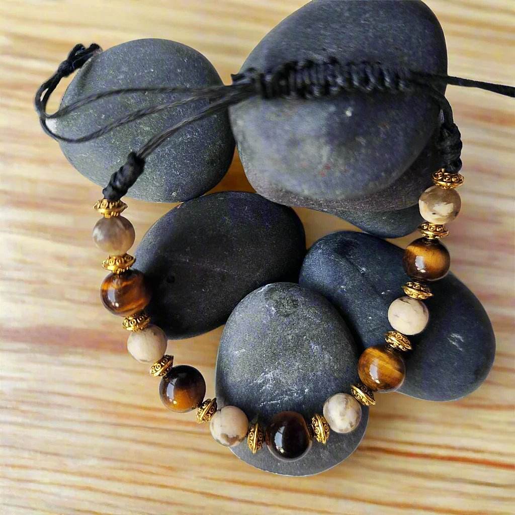 Natural Stone Men's Drawstring Bracelet – Tiger’s Eye & Feldspar, 8–10mm - adjustable