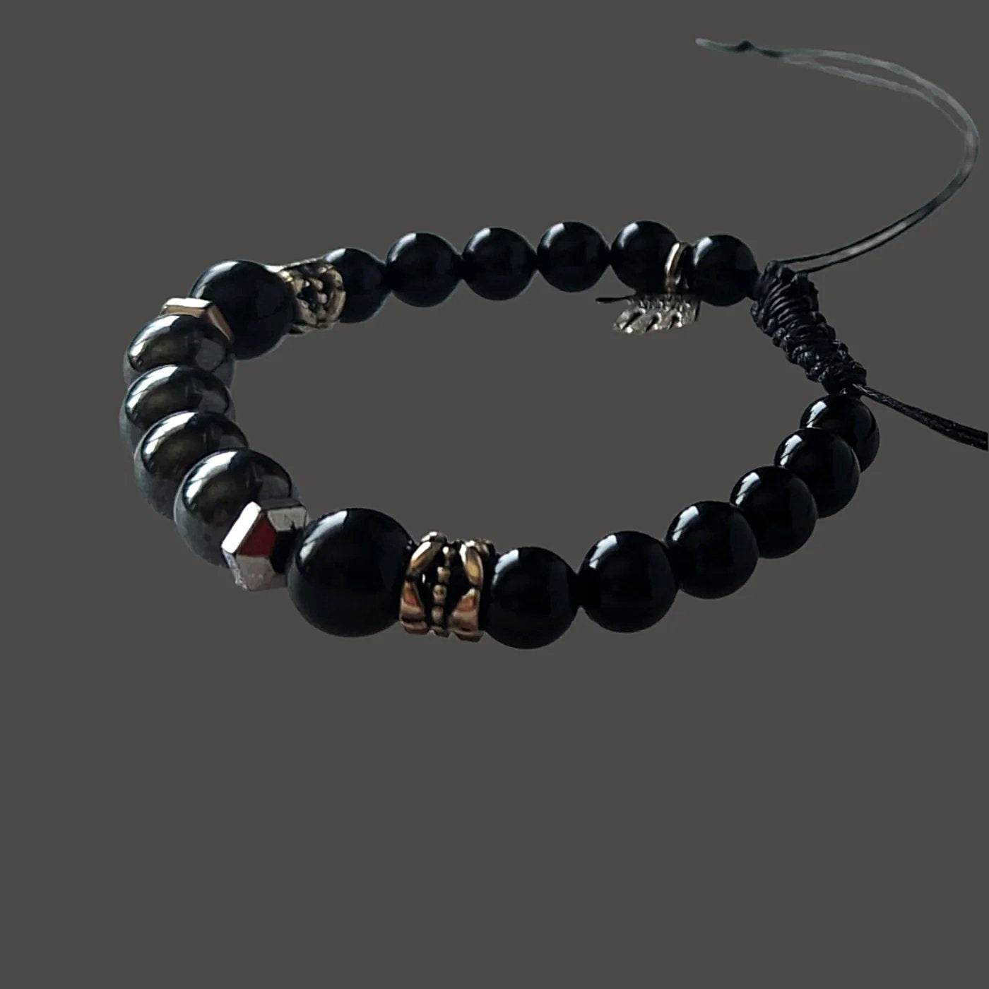 Men's Hematite & Black Tourmaline Gemstone Bracelet with Silver-Tone Spacers – Adjustable