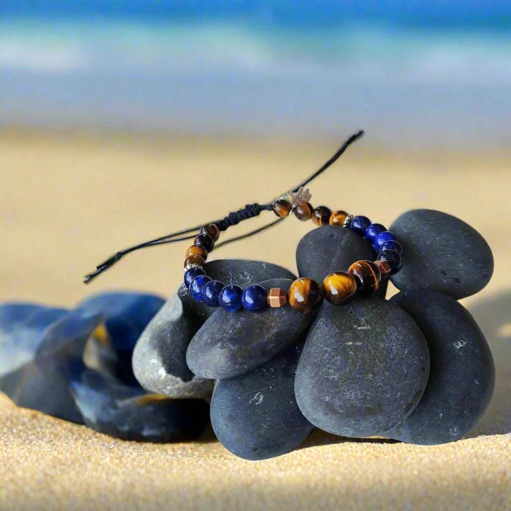 Men's Tiger’s Eye & Lapis Lazuli Bracelet – Bronze & Silver-Tone Accents