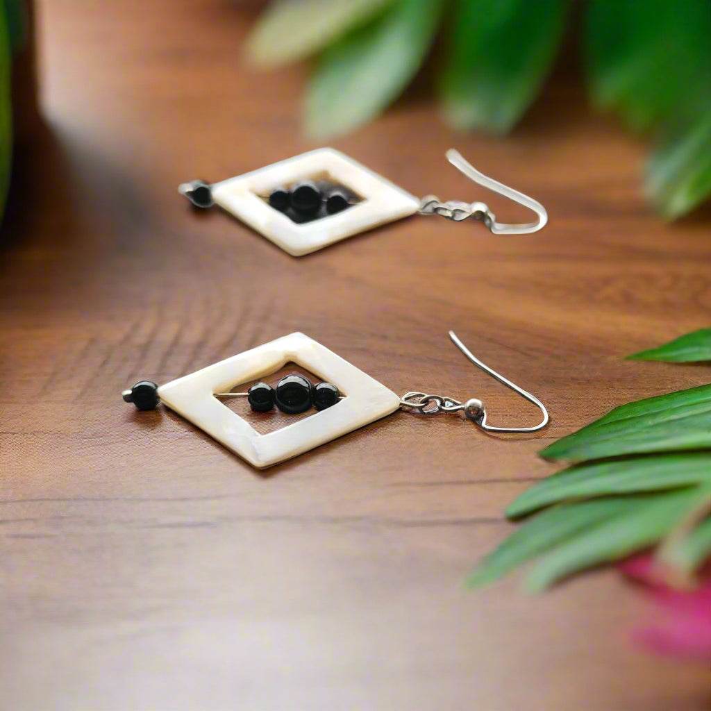 Handmade Mother of Pearl Diamond-Shaped Earrings with Jasper Beads