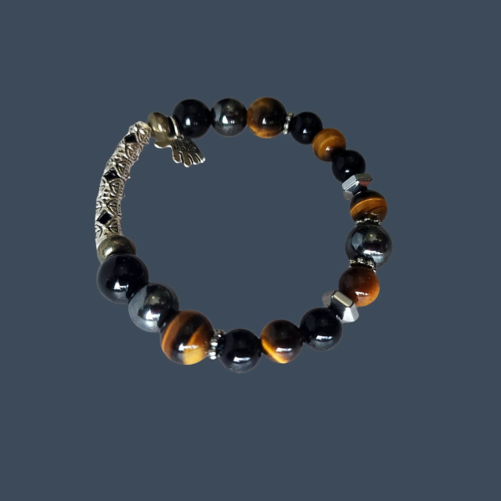 Men’s Gemstone Bracelet – Tiger’s Eye, Hematite & Black Onyx | Handmade Spiritual Healing Jewelry