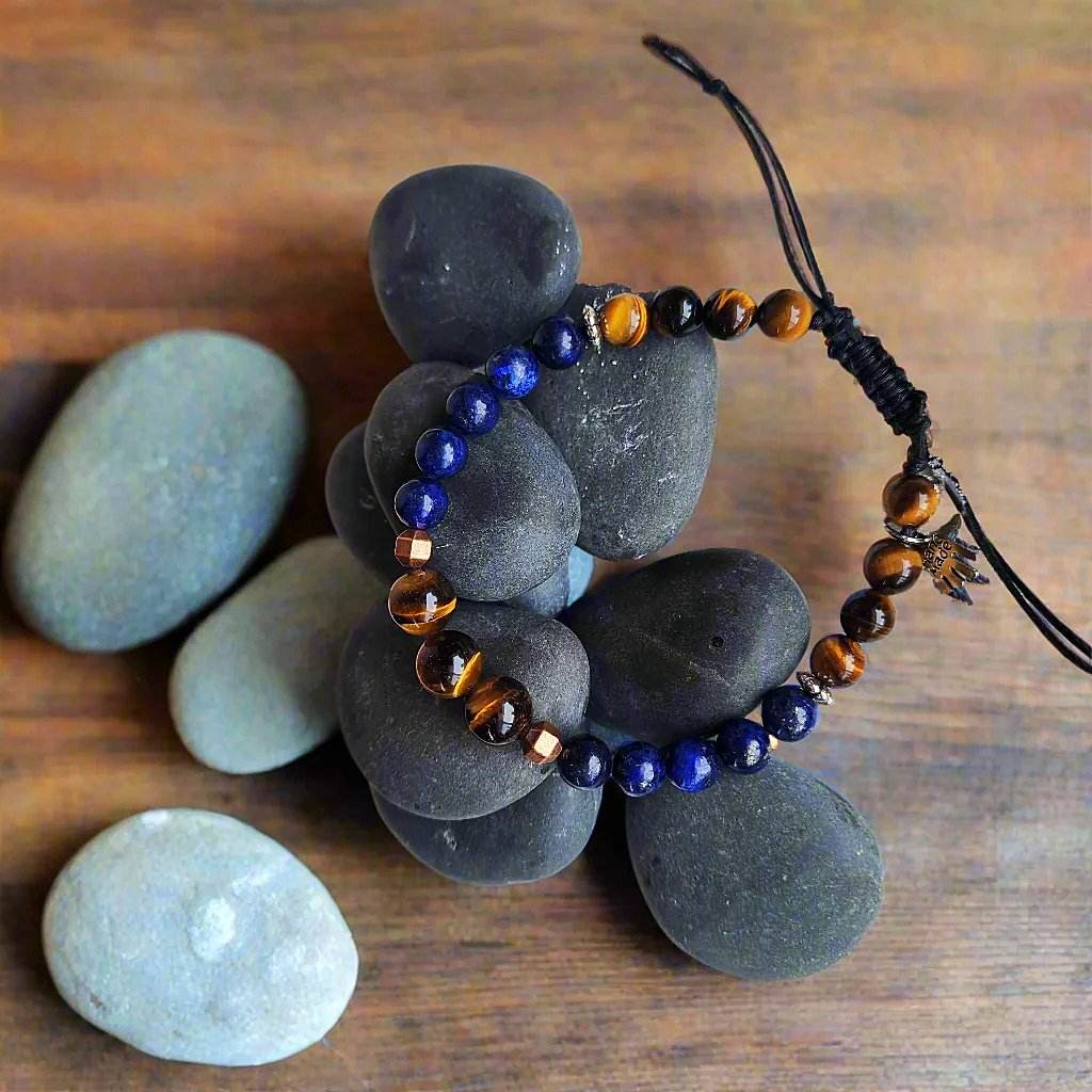 Men's Tiger’s Eye & Lapis Lazuli Bracelet – Bronze & Silver-Tone Accents