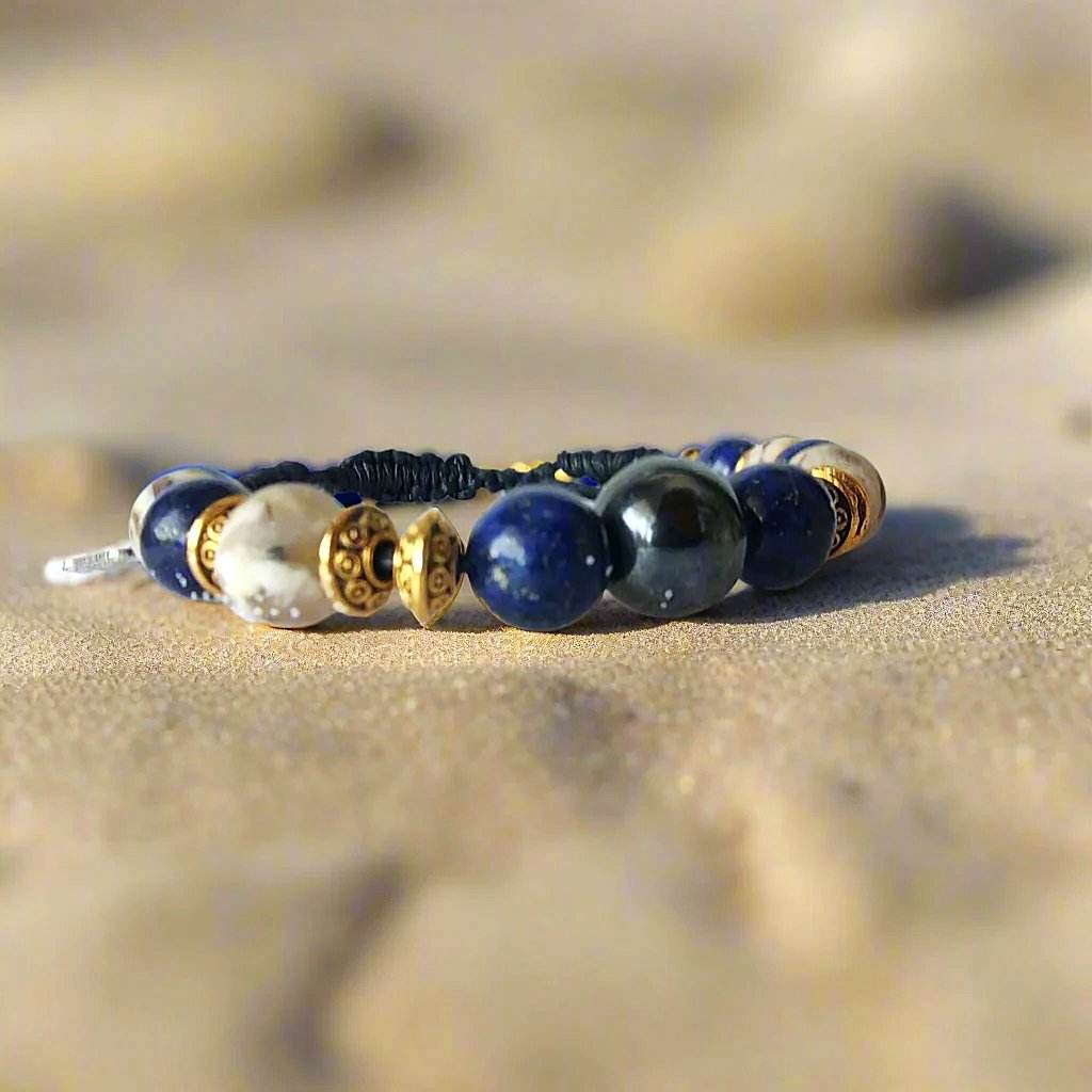 Men’s Lapis, Feldspar & Hematite Drawstring Bracelet – Gold Spacer Accents