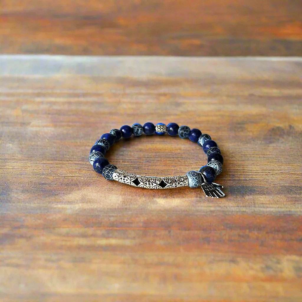 Men’s Gemstone Bracelet – Black Crackled Jasper & Lapis Lazuli with Silver-Tone Center