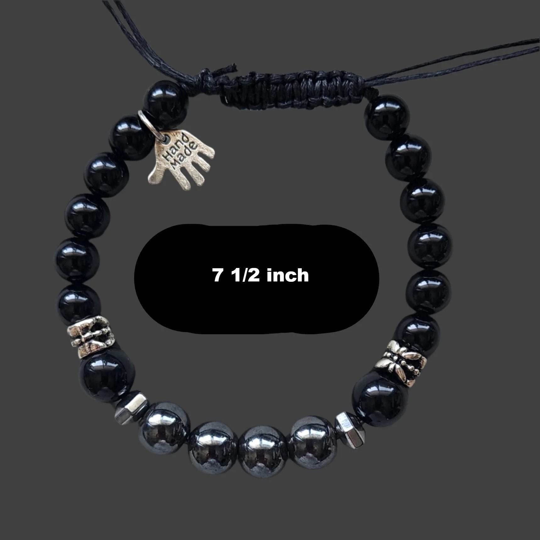 Men's Hematite & Black Tourmaline Gemstone Bracelet with Silver-Tone Spacers – Adjustable