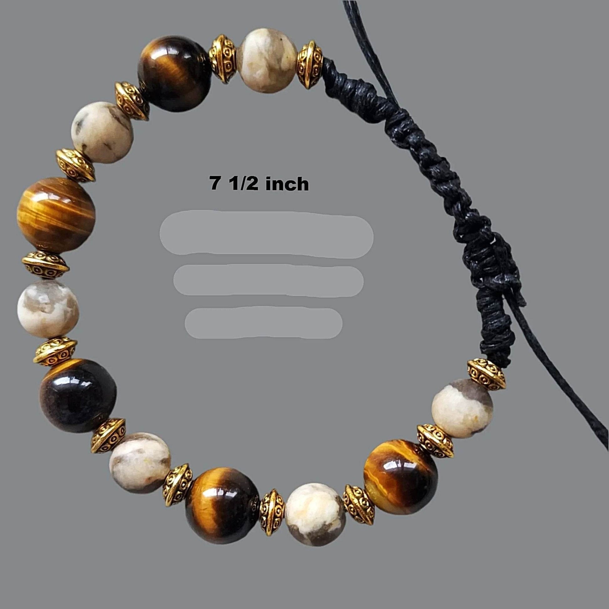 Natural Stone Men's Drawstring Bracelet – Tiger’s Eye & Feldspar, 8–10mm - adjustable