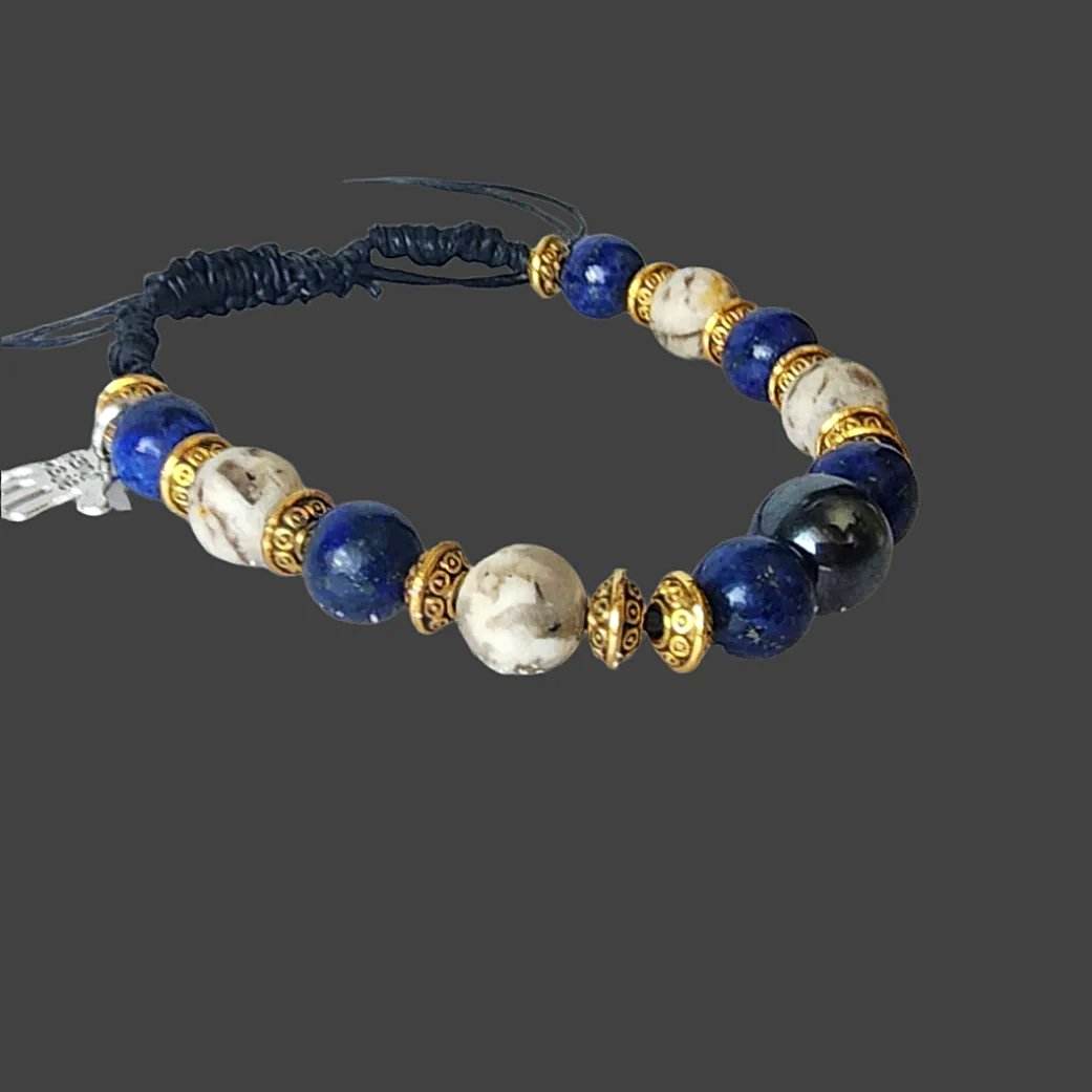 Men’s Lapis, Feldspar & Hematite Drawstring Bracelet – Gold Spacer Accents