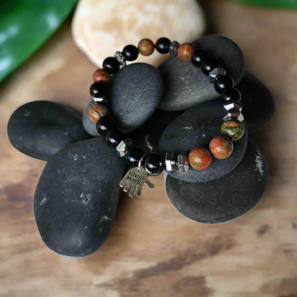 Unakite & Black Onyx Men’s Bracelet – Grounding & Balance | Handmade Boho Crystal Jewelry