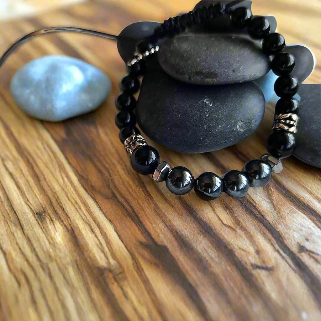Men's Hematite & Black Tourmaline Gemstone Bracelet with Silver-Tone Spacers – Adjustable