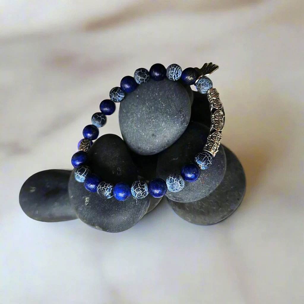 Men’s Gemstone Bracelet – Black Crackled Jasper & Lapis Lazuli with Silver-Tone Center