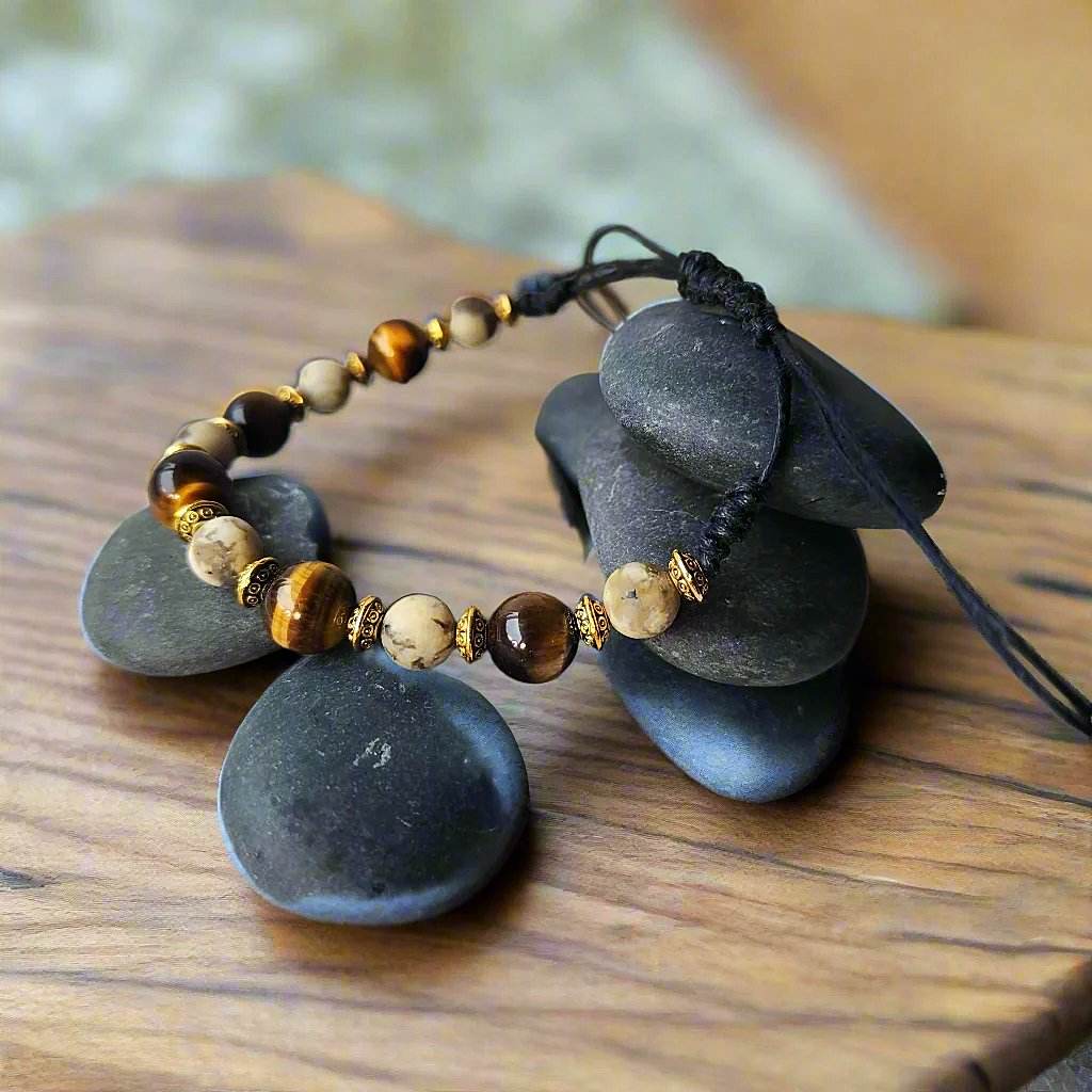 Natural Stone Men's Drawstring Bracelet – Tiger’s Eye & Feldspar, 8–10mm - adjustable