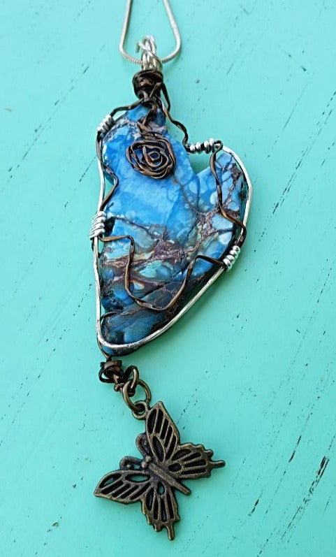 Sea Sediment Jasper Pendant Wire Wrapped With Buttery Charm - South Florida Boho Boutique