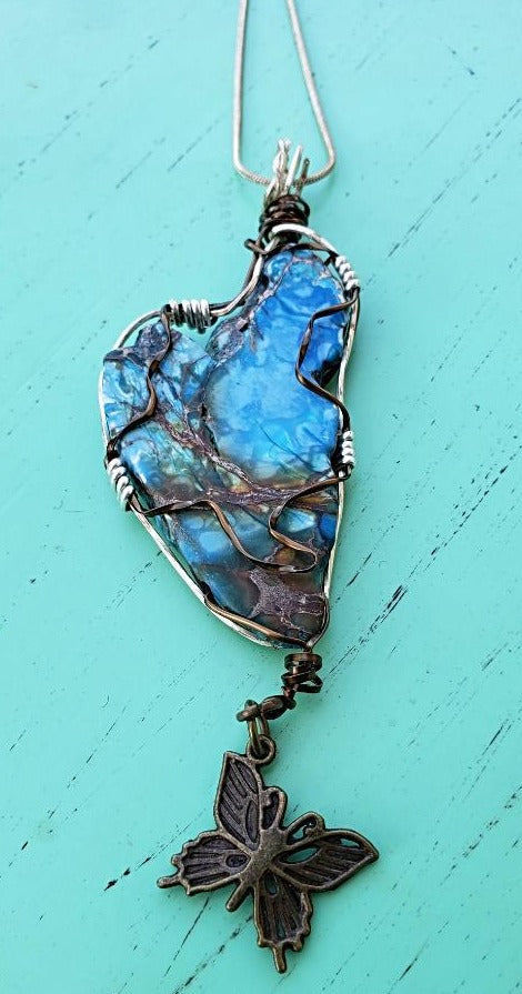 Sea Sediment Jasper Pendant Wire Wrapped With Buttery Charm - South Florida Boho Boutique