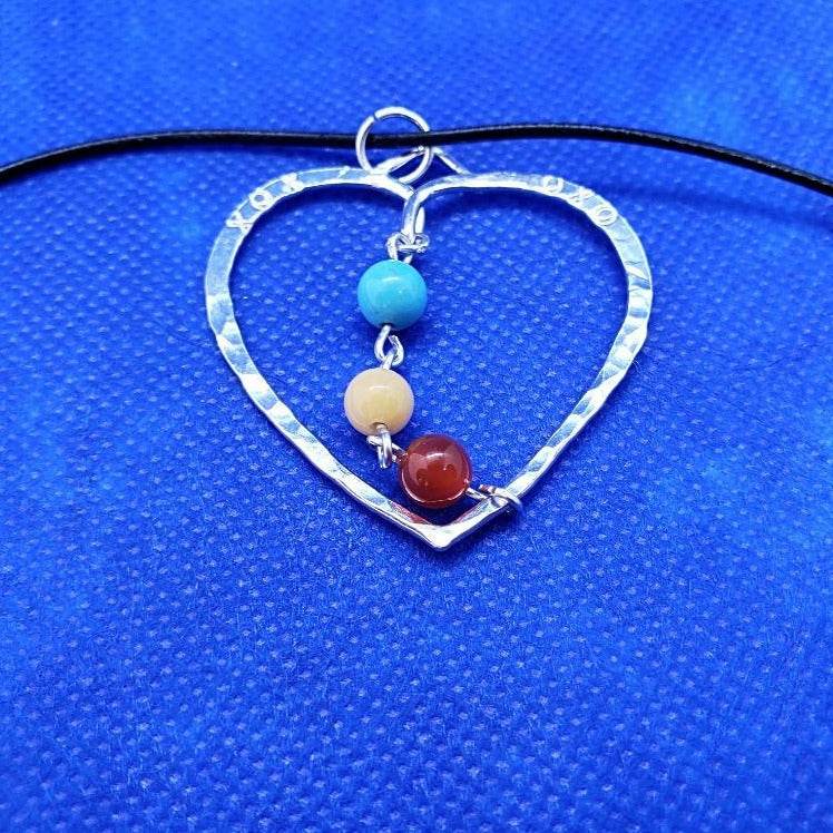 Sterling Silver Hammered Heart Pendants With Gemstones Interchangeable Chain - South Florida Boho Boutique