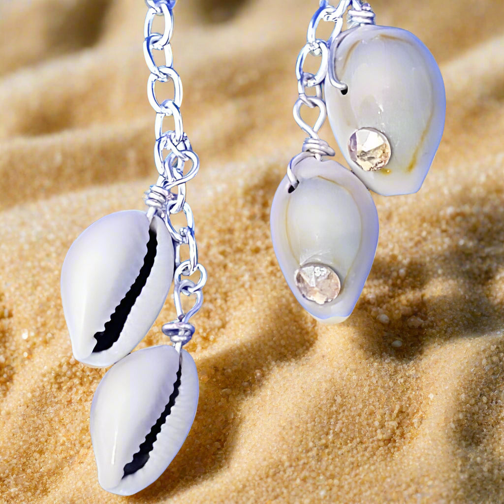 Cowrie Shell Ear Rings With Swarovski Crystals - South Florida Boho Boutique