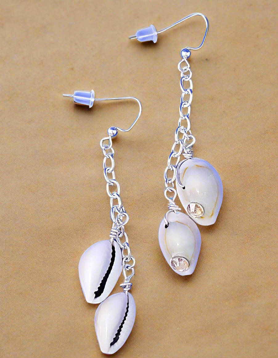Cowrie Shell Ear Rings With Swarovski Crystals - South Florida Boho Boutique