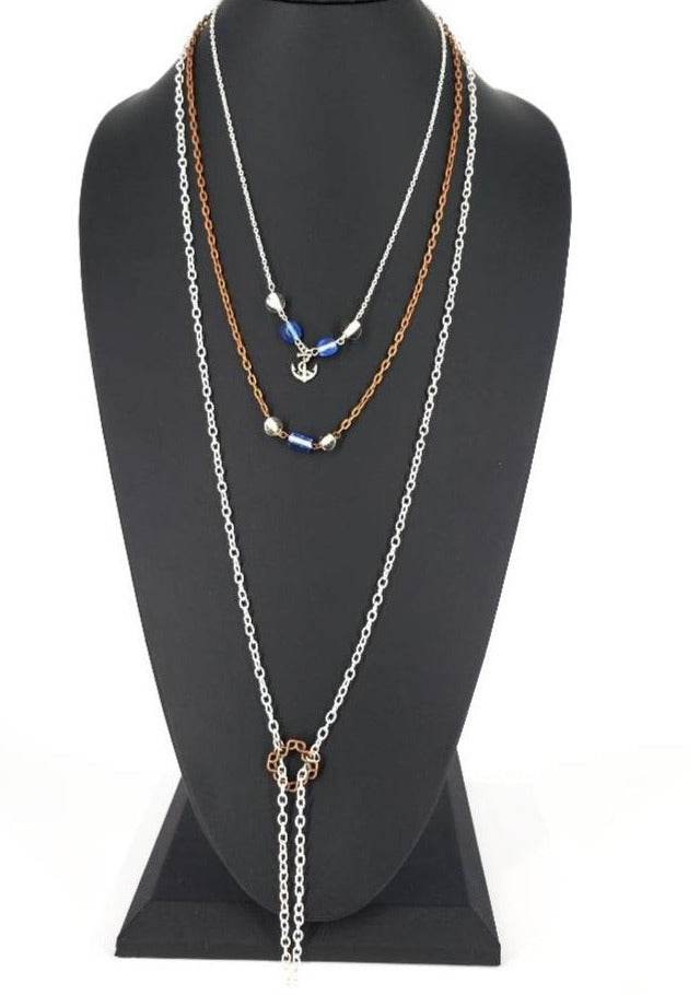 Three Layer Silver-Copper Necklace With Blue And Clear Beads And Anchor Charm - South Florida Boho Boutique
