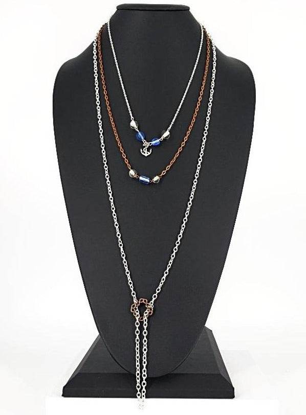 Three Layer Silver-Copper Necklace With Blue And Clear Beads And Anchor Charm - South Florida Boho Boutique