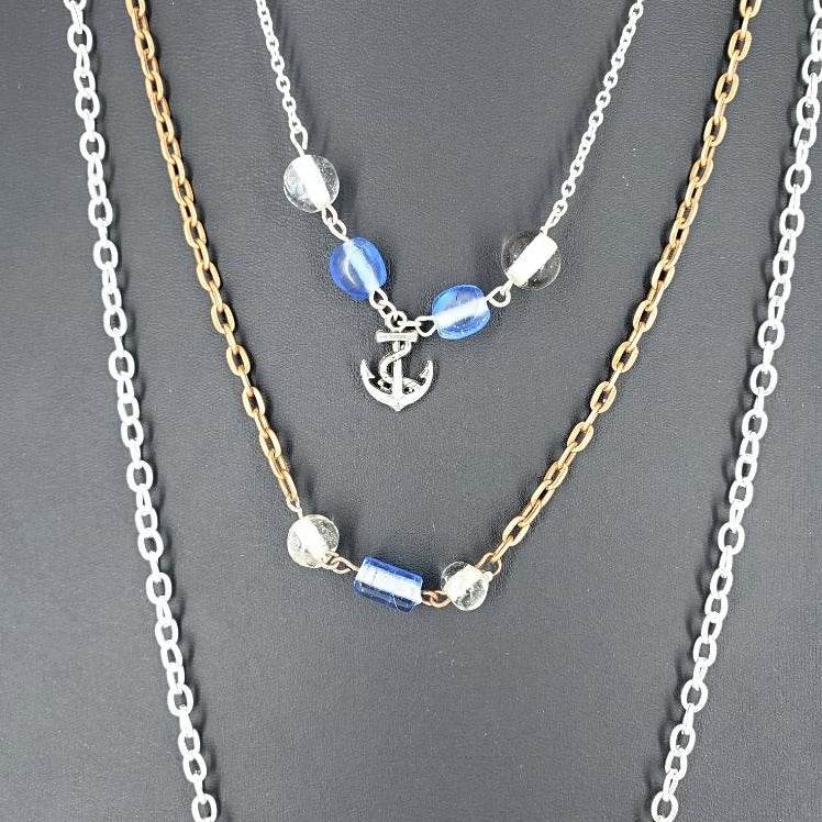 Three Layer Silver-Copper Necklace With Blue And Clear Beads And Anchor Charm - South Florida Boho Boutique