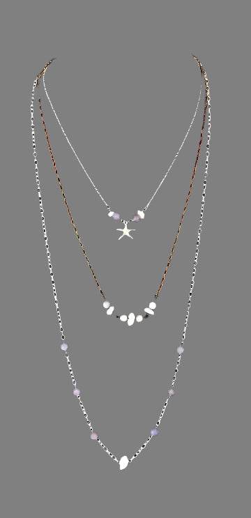 Three Layer Silver-Copper Necklace With Purple Beads - White Quartz Chips And Starfisch Charm - South Florida Boho Boutique