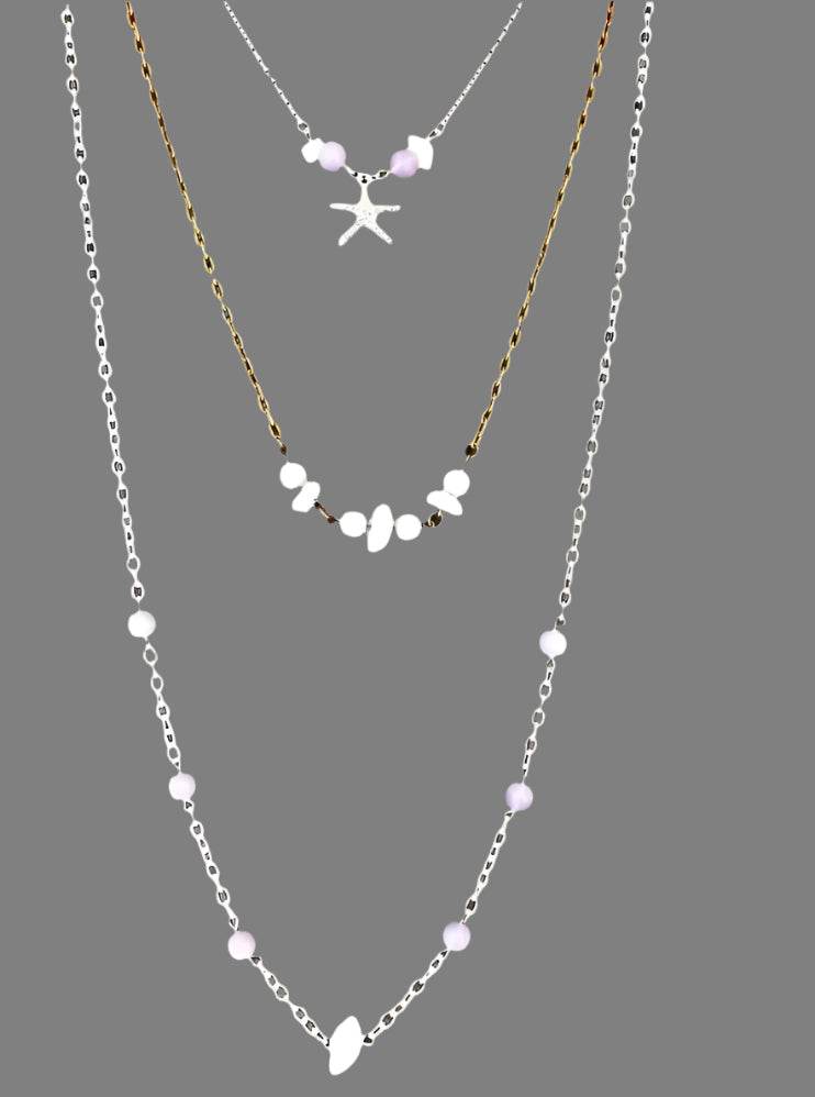 Three Layer Silver-Copper Necklace With Purple Beads - White Quartz Chips And Starfisch Charm - South Florida Boho Boutique