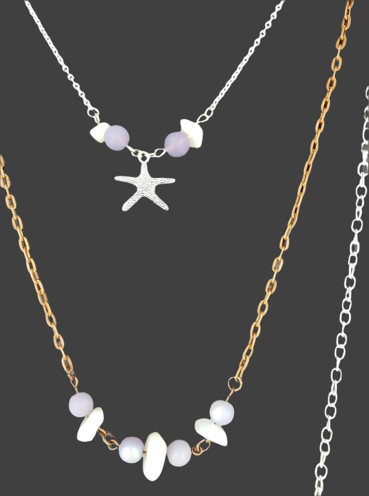 Three Layer Silver-Copper Necklace With Purple Beads - White Quartz Chips And Starfisch Charm - South Florida Boho Boutique