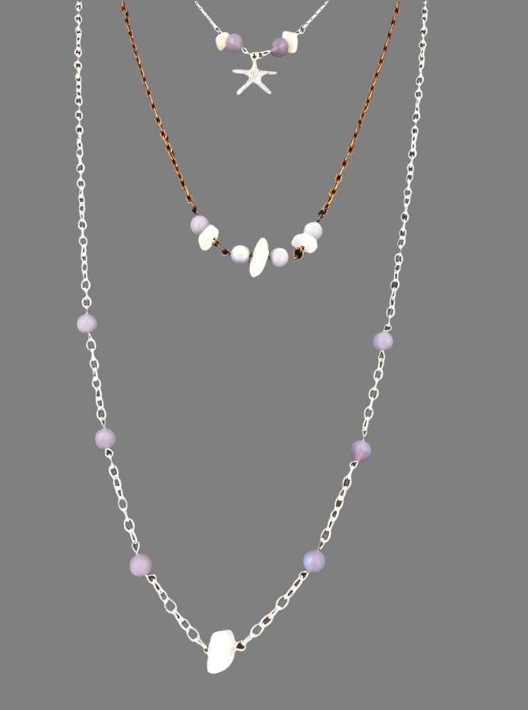 Three Layer Silver-Copper Necklace With Purple Beads - White Quartz Chips And Starfisch Charm - South Florida Boho Boutique