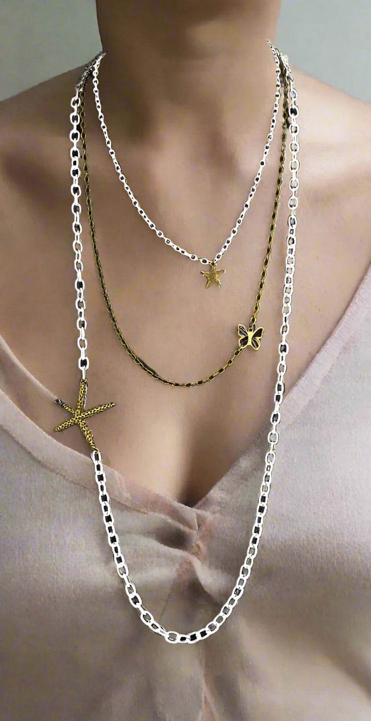 Three Layer Silver-Vintage Necklace With Charms - South Florida Boho Boutique