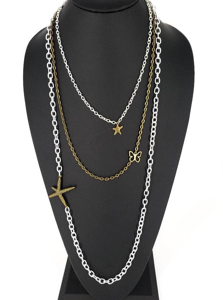 Three Layer Silver-Vintage Necklace With Charms - South Florida Boho Boutique