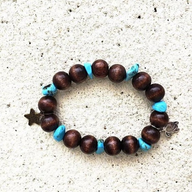 Turtle Charm Natural Wood Bead Stretchband With Blue Turquoise Howlite Chips - South Florida Boho Boutique