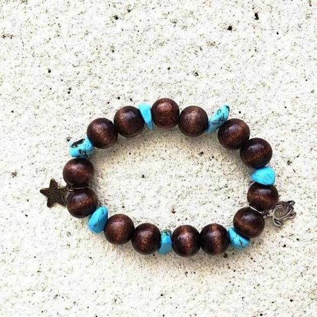 Turtle Charm Natural Wood Bead Stretchband With Blue Turquoise Howlite Chips - South Florida Boho Boutique