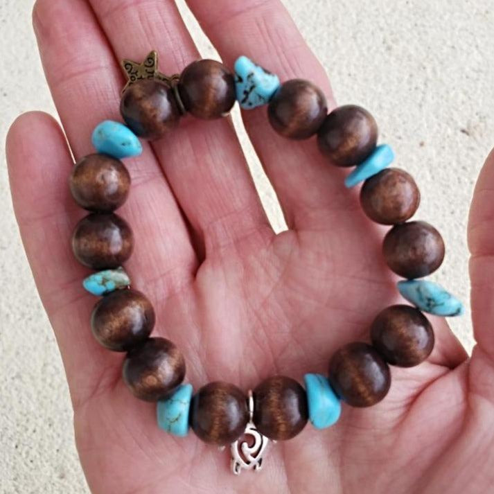 Turtle Charm Natural Wood Bead Stretchband With Blue Turquoise Howlite Chips - South Florida Boho Boutique