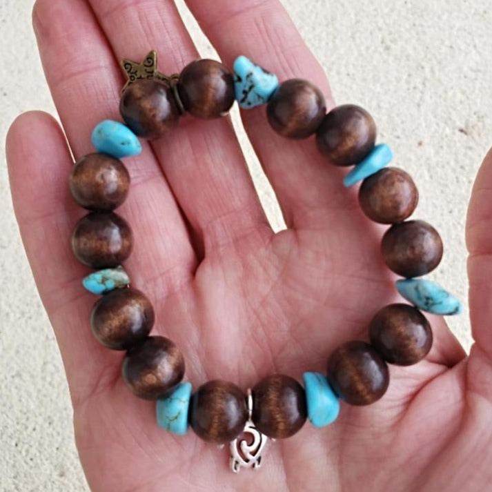 Turtle Charm Natural Wood Bead Stretchband With Blue Turquoise Howlite Chips - South Florida Boho Boutique