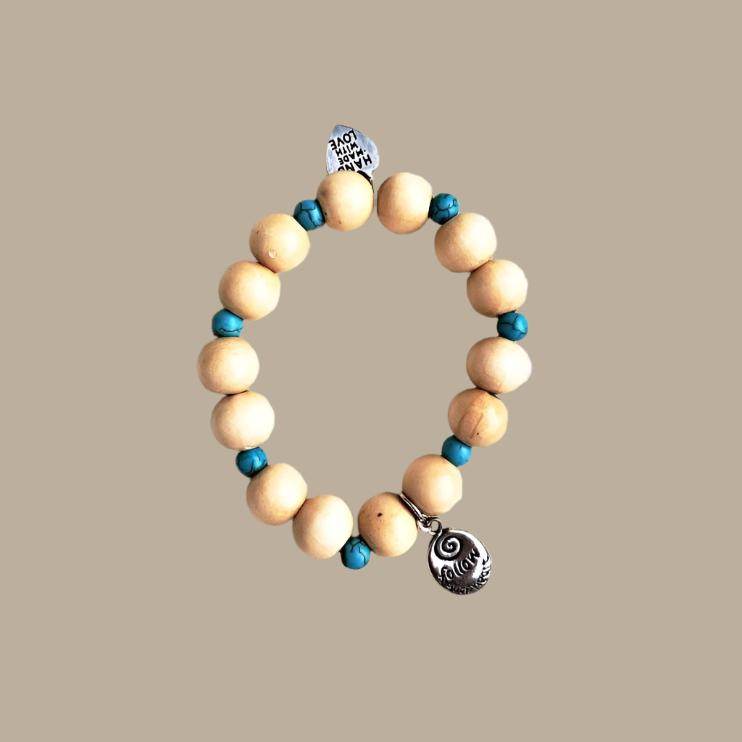 Follow Your Heart Charm  Natural Wood Bead Stretchband With Green Howlite Bead - South Florida Boho Boutique