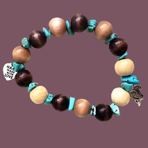 Turtle Charm  Natural Wood Bead Stretchband With Green Howlite Chips - South Florida Boho Boutique